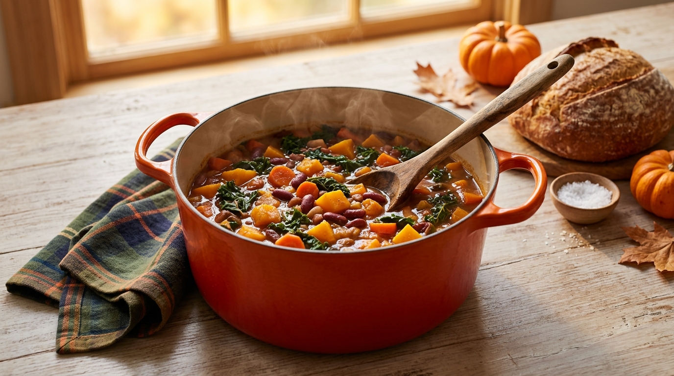 Orange Dutch oven of vegetarian bean, butternut squash and kale stew with a wooden spoon, beside crusty bread and mini pumpkins