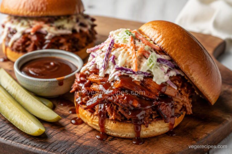 BBQ pulled jackfruit sandwich with creamy coleslaw on a toasted brioche bun, with pickles and barbecue sauce