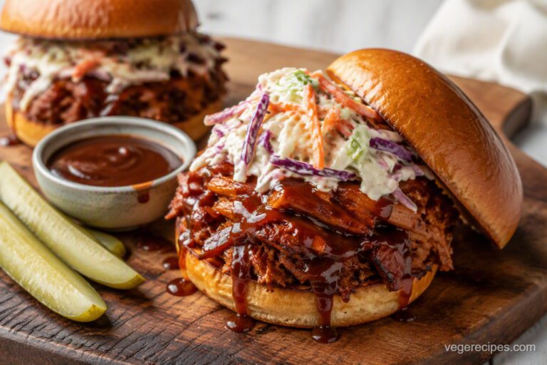 BBQ pulled jackfruit sandwich with creamy coleslaw on a toasted brioche bun, with pickles and barbecue sauce