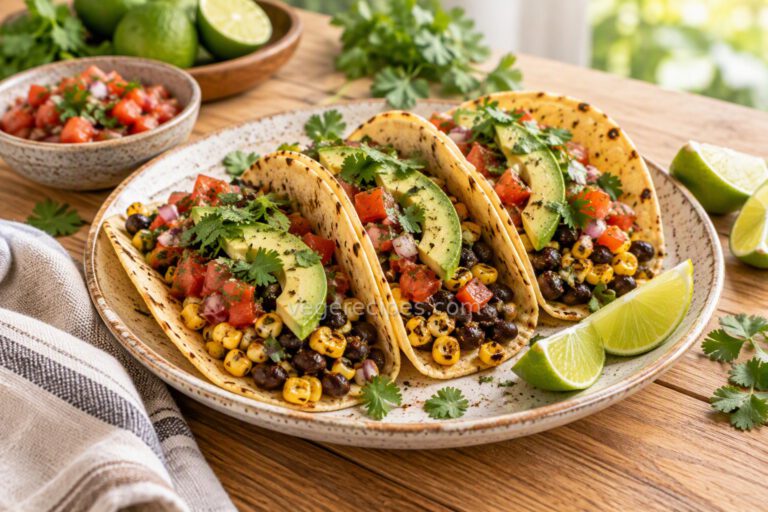Three corn tortilla tacos filled with black beans and charred corn, topped with avocado, fresh salsa and cilantro, with lime wedges