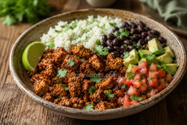 Chipotle tempeh taco bowl with cilantro-lime rice, black beans, avocado, and pico de gallo