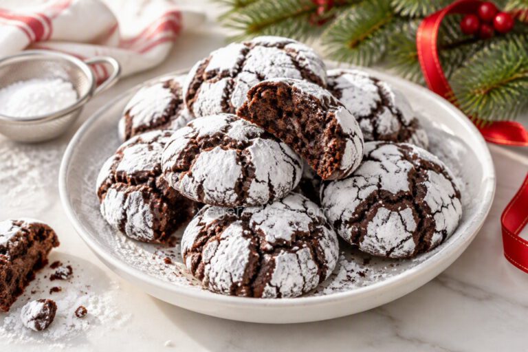 Fudgy chocolate crinkle cookies with cracked powdered sugar tops piled on a white plate, one broken open, with a red ribbon and evergreen