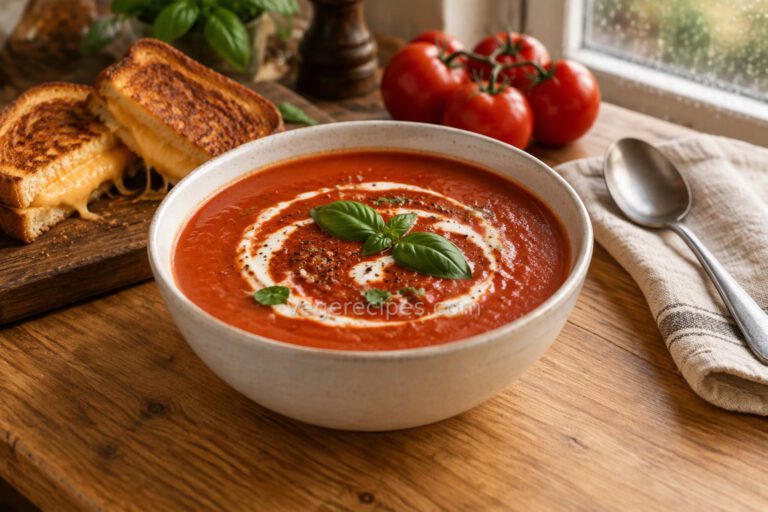 Bowl of creamy tomato basil soup with a swirl of cream and fresh basil, served with a grilled cheese sandwich and ripe tomatoes