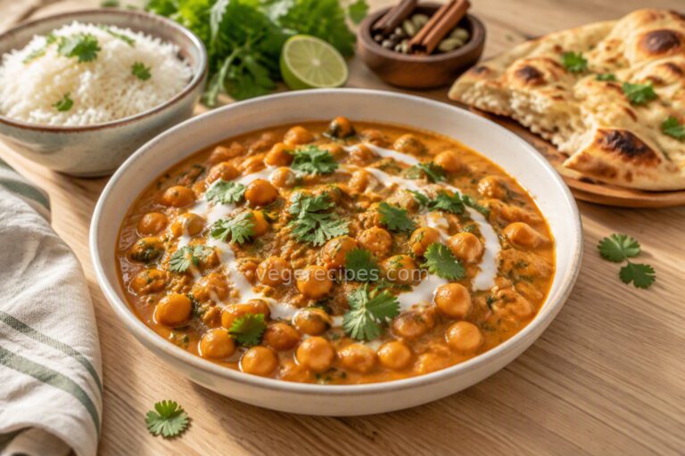 Bowl of creamy vegan chickpea curry in a coconut tomato sauce with spinach and cilantro, served with basmati rice, naan and lime