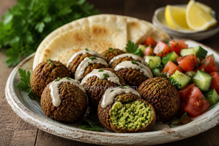 Crispy falafel balls with tahini sauce, pita bread, and a fresh tomato-cucumber salad