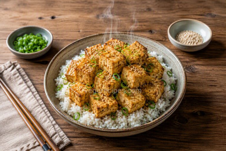 Crispy sesame-ginger baked tofu cubes served over rice with scallions and sesame seeds