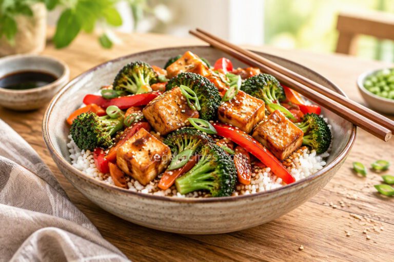 Bowl of crispy glazed tofu stir-fry with broccoli, red bell pepper and carrots over white rice, topped with sesame seeds and green onions, with chopsticks