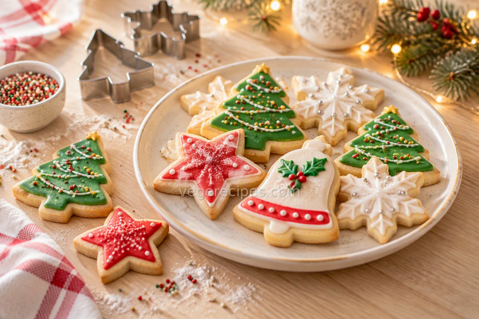 Decorated Christmas sugar cookies shaped like trees, stars, snowflakes and a bell with red, green and white icing and sprinkles on a plate