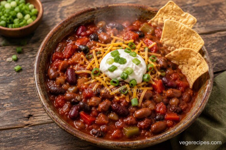 Overhead shot of a bowl of hearty three-bean veggie chili topped with sour cream, shredded cheese, scallions, and tortilla chips