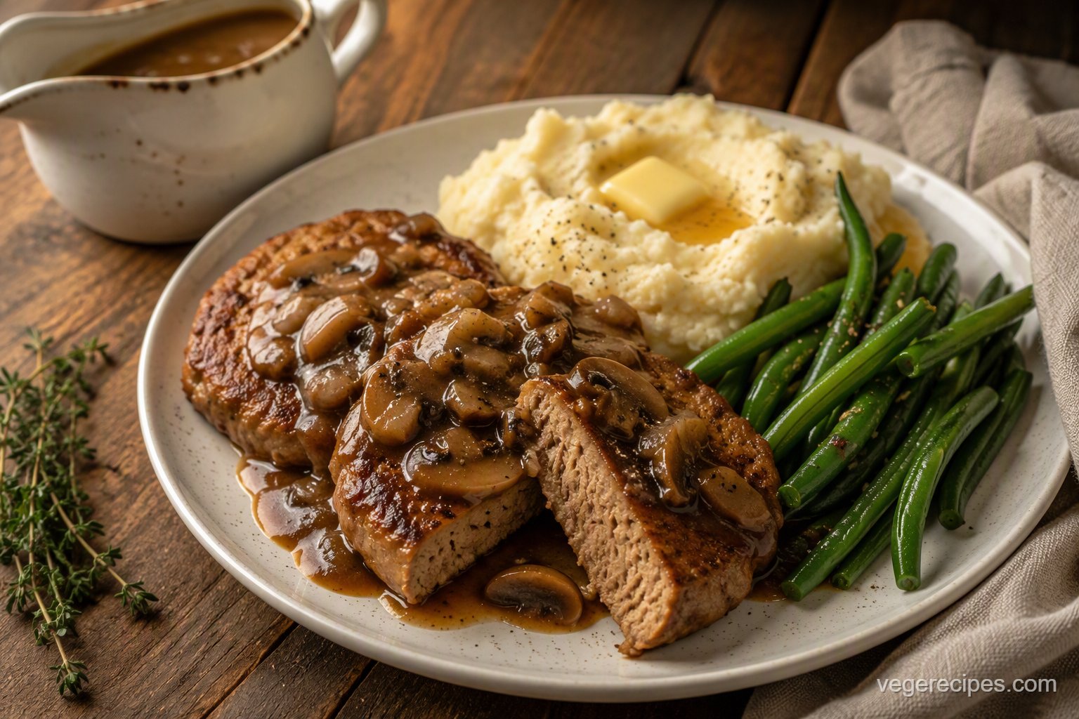 Pan-seared homemade seitan cutlets with mushroom gravy, mashed potatoes and green beans on a white plate
