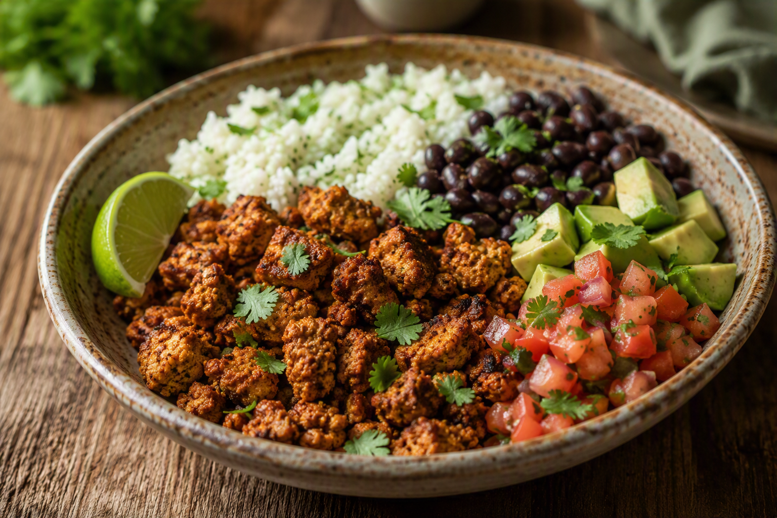 Chipotle tempeh taco bowl with cilantro-lime rice, black beans, avocado, and pico de gallo