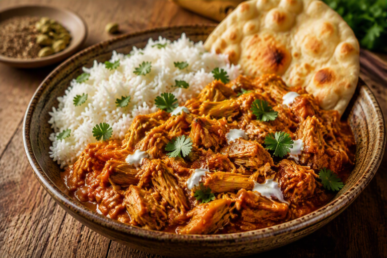 Indian-spiced pulled jackfruit curry with basmati rice, naan, and fresh cilantro