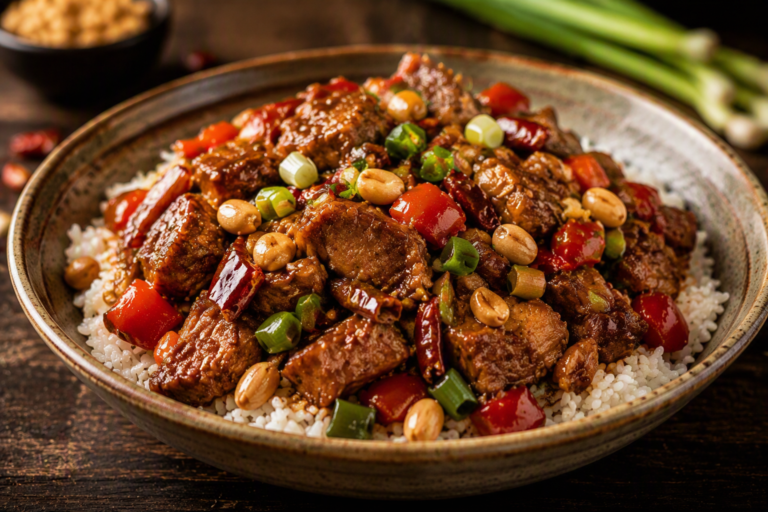 Kung pao seitan stir-fry with bell peppers, peanuts, and dried chilies over rice