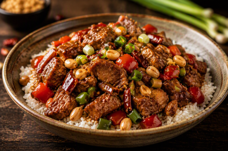 Kung pao seitan stir-fry with bell peppers, peanuts, and dried chilies over rice