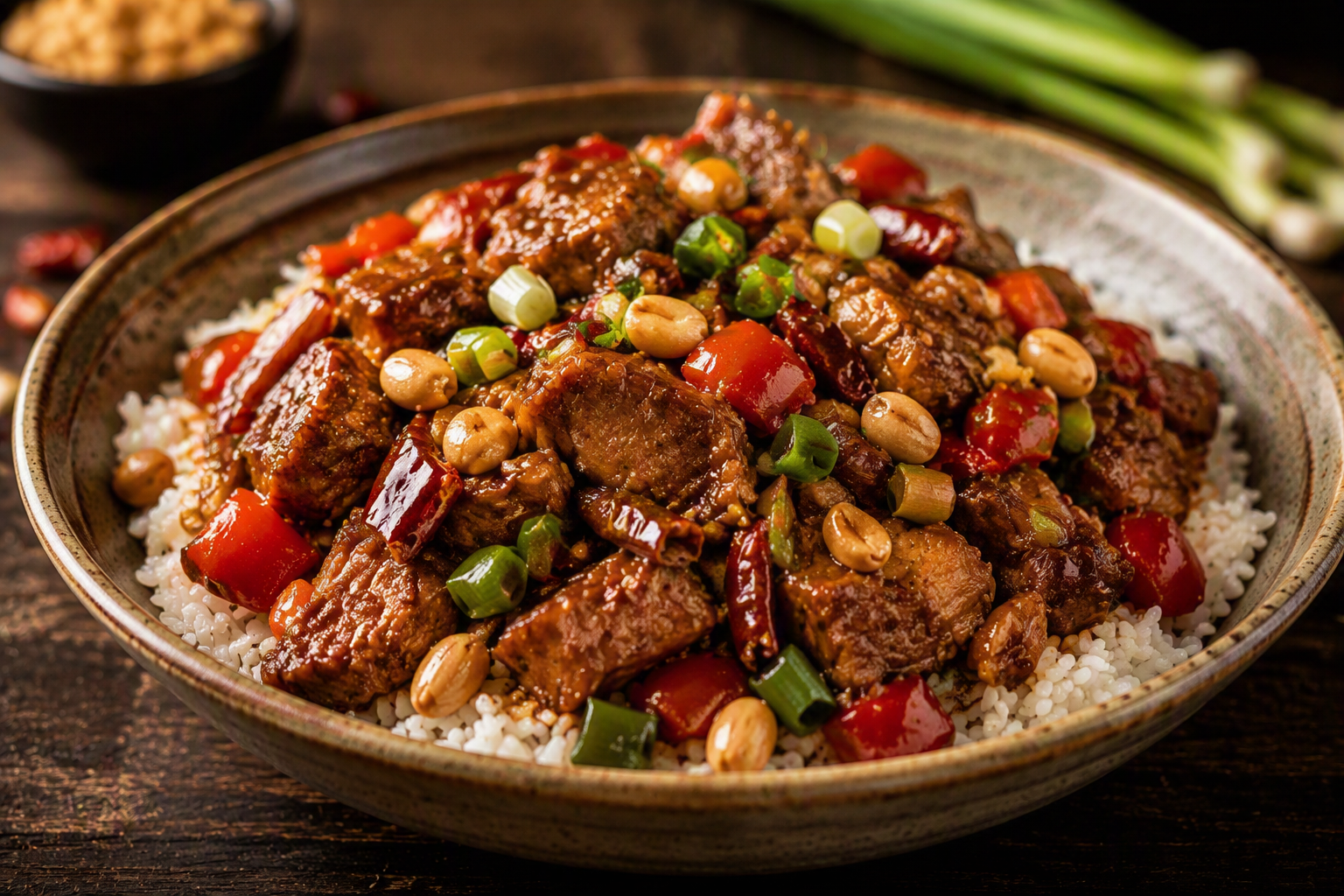 Kung pao seitan stir-fry with bell peppers, peanuts, and dried chilies over rice
