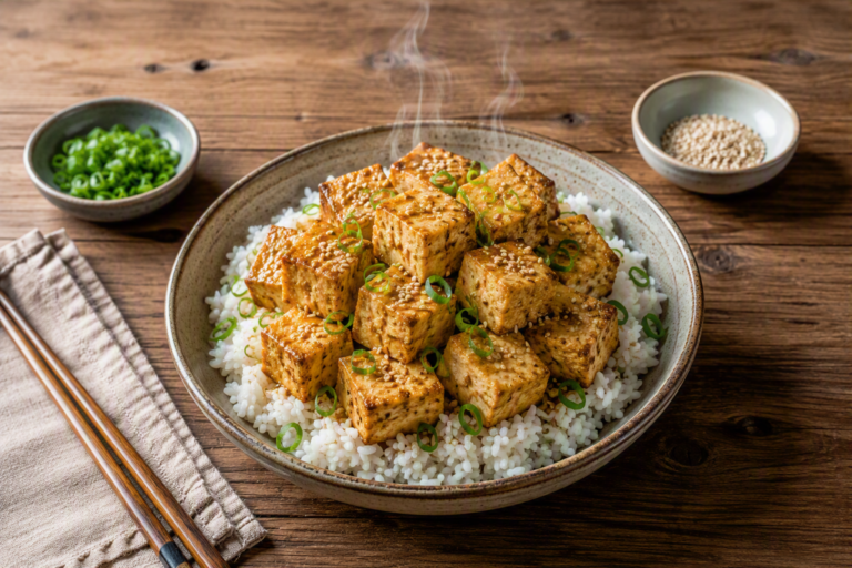 Crispy sesame-ginger baked tofu cubes served over rice with scallions and sesame seeds