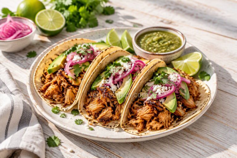 Three jackfruit carnitas tacos with avocado, pickled red onions, cilantro and cotija, served with lime wedges and salsa verde