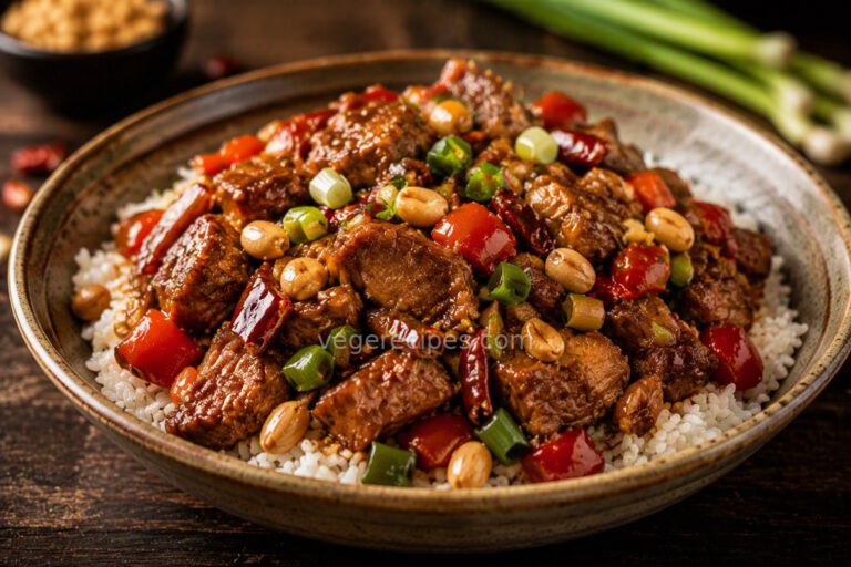Kung pao seitan stir-fry with bell peppers, peanuts, and dried chilies over rice