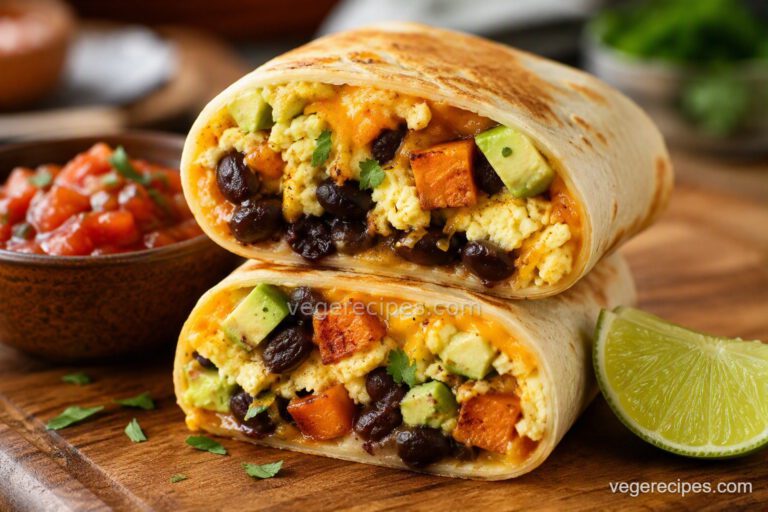 Two breakfast burritos sliced in half showing scrambled eggs, black beans, roasted sweet potato, cheese, and avocado, with salsa and a lime wedge