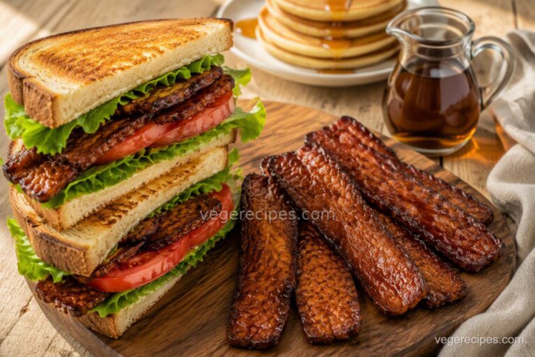 Crispy maple smoked tempeh bacon strips on a wooden board next to a tempeh BLT sandwich, with maple syrup and pancakes