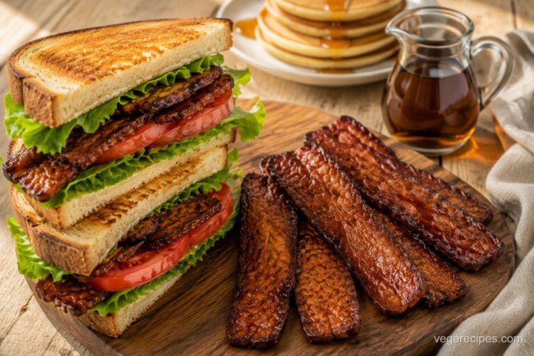 Crispy maple smoked tempeh bacon strips on a wooden board next to a tempeh BLT sandwich, with maple syrup and pancakes