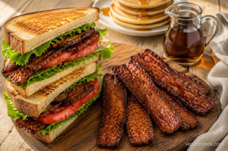 Crispy maple smoked tempeh bacon strips on a wooden board next to a tempeh BLT sandwich, with maple syrup and pancakes