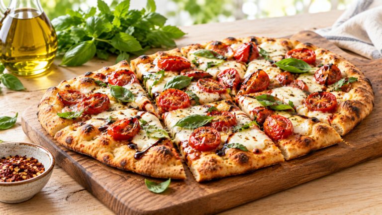 Sliced Margherita flatbread with melted fresh mozzarella, roasted cherry tomatoes, basil leaves and a balsamic glaze drizzle on a wooden board