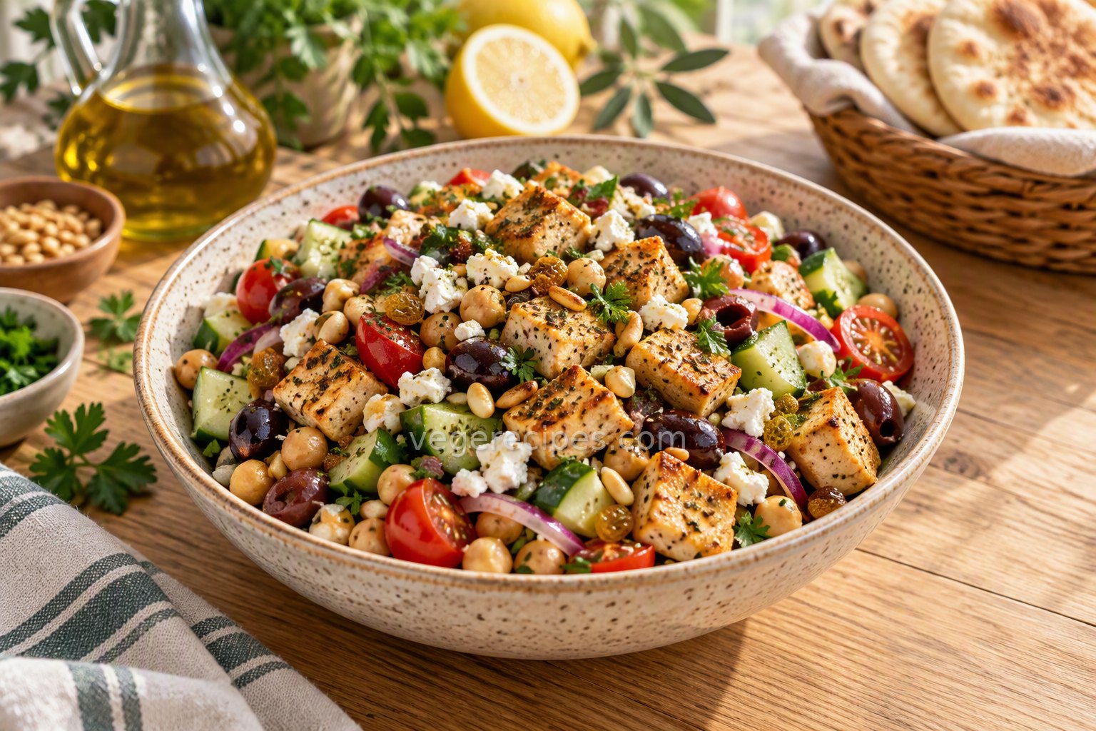 Mediterranean chickpea salad with golden-browned cubes of FriChik, cucumber, cherry tomatoes, kalamata olives, feta, golden raisins and pine nuts, with olive oil, lemon and pita