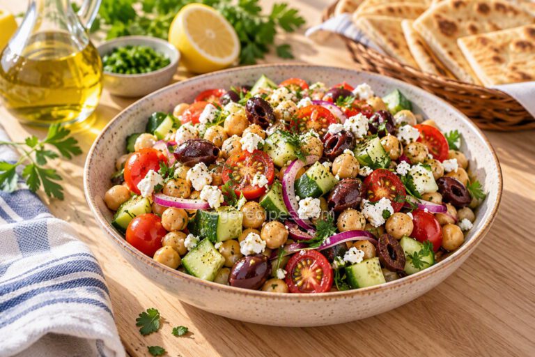 Mediterranean chickpea salad with cucumber, cherry tomatoes, red onion, kalamata olives, feta and parsley, with olive oil, lemon and pita