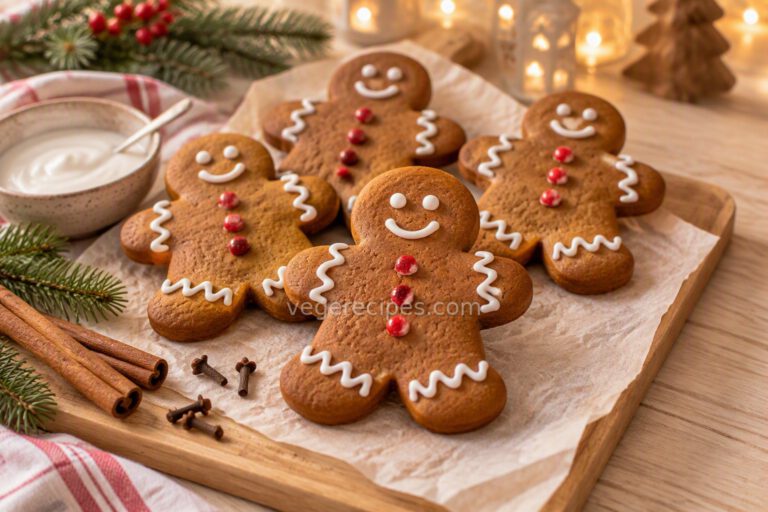 Old-fashioned gingerbread men decorated with white icing smiles and red candy buttons on parchment, with cinnamon sticks, cloves and evergreen
