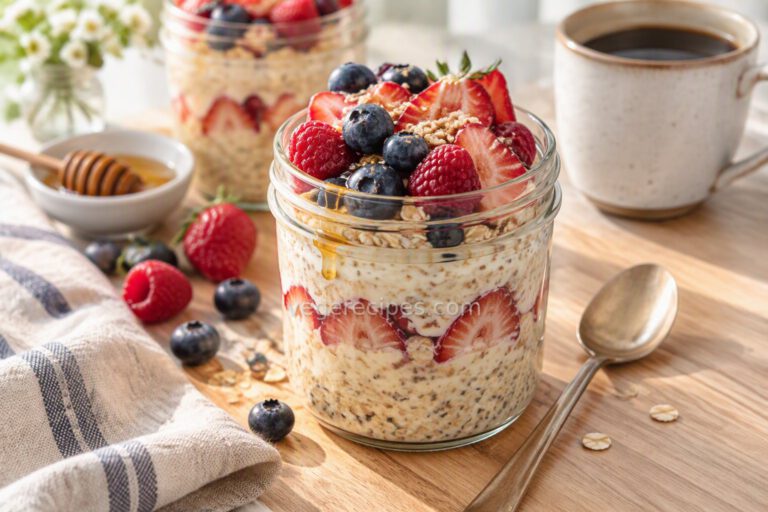 Overnight oats layered with strawberries in a glass jar, topped with blueberries, raspberries and a drizzle of honey, with a cup of coffee