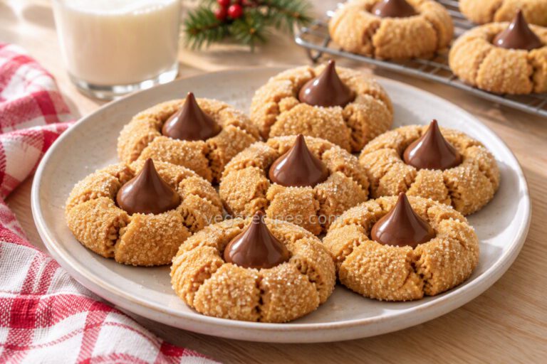 Sugar-coated peanut butter blossom cookies with a chocolate kiss in the center on a white plate, with a glass of milk and more cookies on a cooling rack