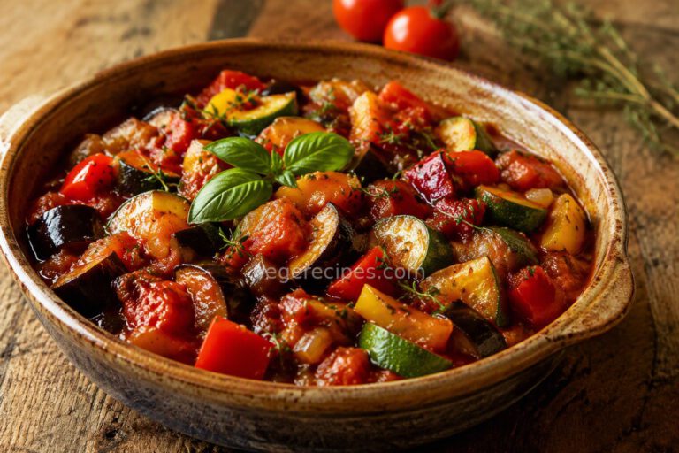 Classic French ratatouille with eggplant, zucchini, bell peppers, and tomatoes in a rustic dish