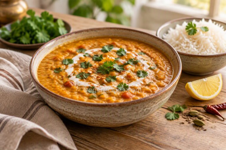 Bowl of creamy red lentil dal with a swirl of coconut milk and fresh cilantro, served with basmati rice, lemon and whole spices