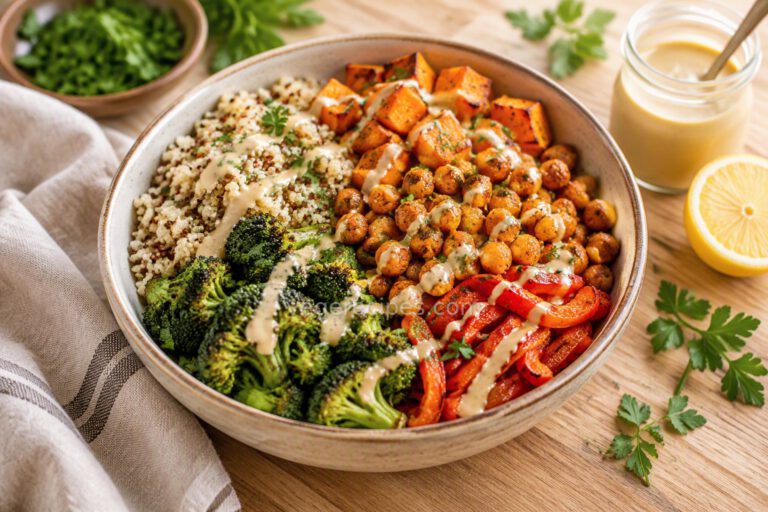 Buddha bowl with quinoa, roasted sweet potato, crispy chickpeas, roasted broccoli and red bell pepper, drizzled with tahini dressing and parsley