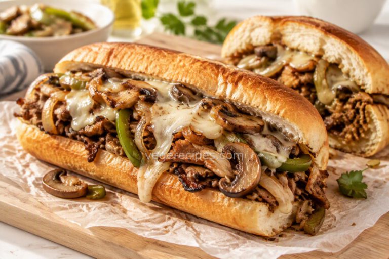 Seitan Philly cheesesteak on a toasted hoagie roll with melted provolone, caramelized onions, green peppers and mushrooms