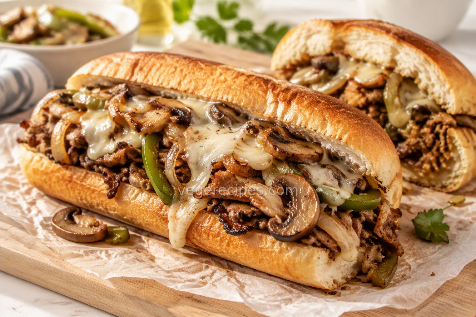 Seitan Philly cheesesteak on a toasted hoagie roll with melted provolone, caramelized onions, green peppers and mushrooms