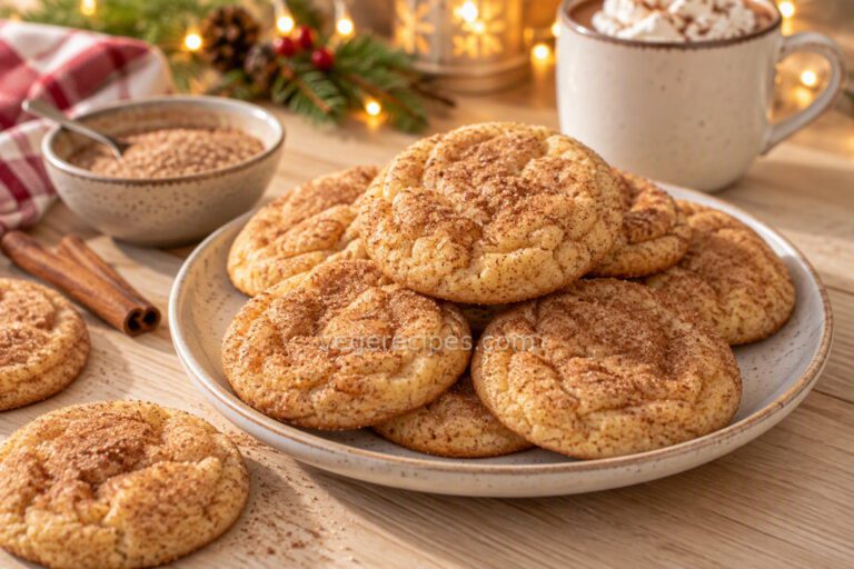Soft snickerdoodle cookies with crackly cinnamon-sugar tops on a speckled plate, with a bowl of cinnamon sugar, cinnamon sticks and a mug of hot cocoa
