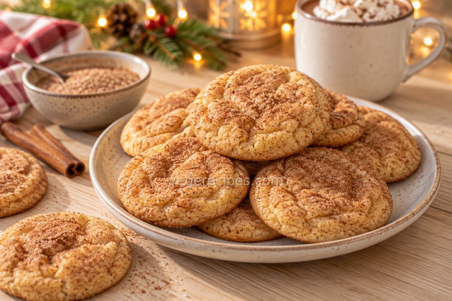 Soft snickerdoodle cookies with crackly cinnamon-sugar tops on a speckled plate, with a bowl of cinnamon sugar, cinnamon sticks and a mug of hot cocoa