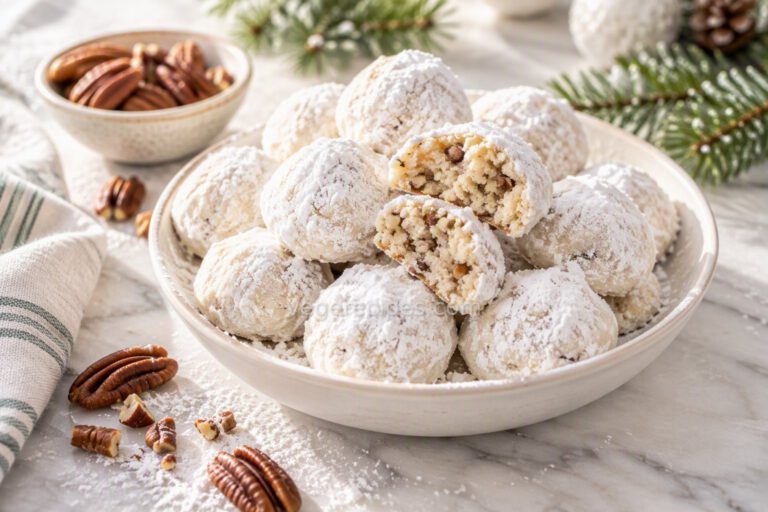 A bowl of powdered sugar-coated snowball cookies with one broken open to show the pecan interior, with pecans and evergreen on white marble