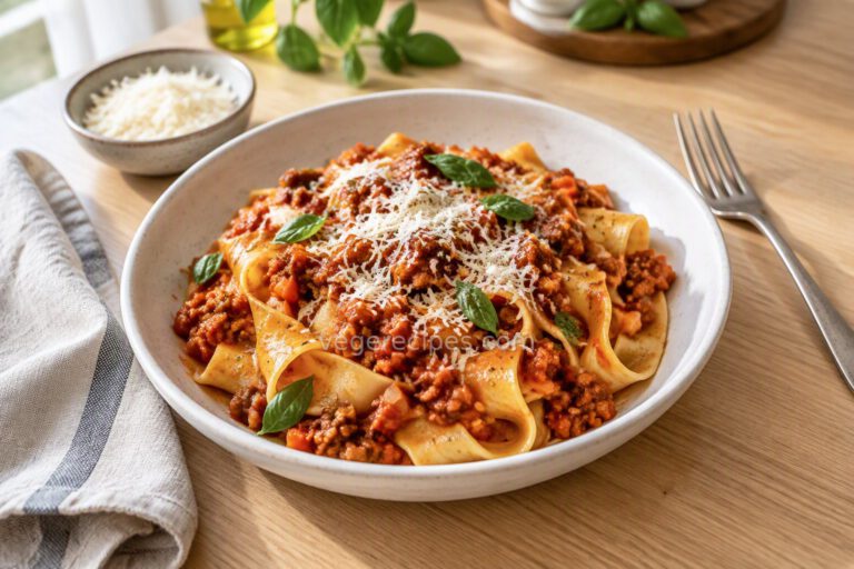 Pappardelle tossed in tempeh Bolognese sauce topped with grated Parmesan and fresh basil in a white bowl
