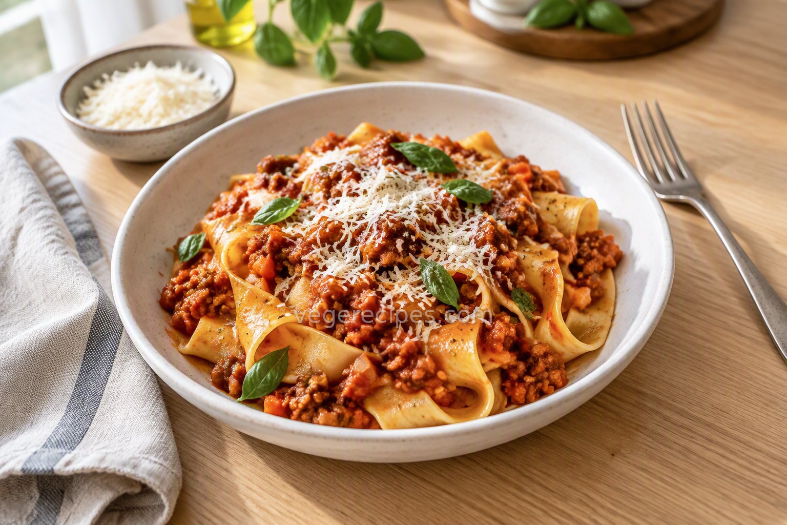 Pappardelle tossed in tempeh Bolognese sauce topped with grated Parmesan and fresh basil in a white bowl