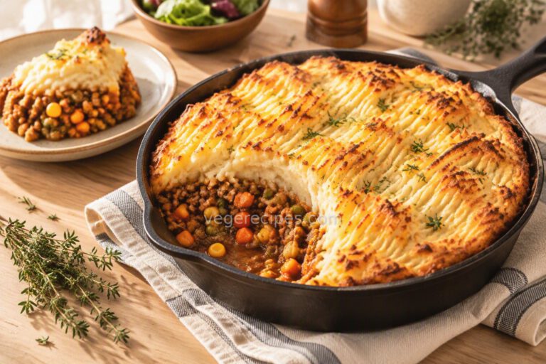 Cast-iron skillet of TVP shepherd's pie with a golden mashed potato top, a serving scooped out to show the vegetable and TVP filling