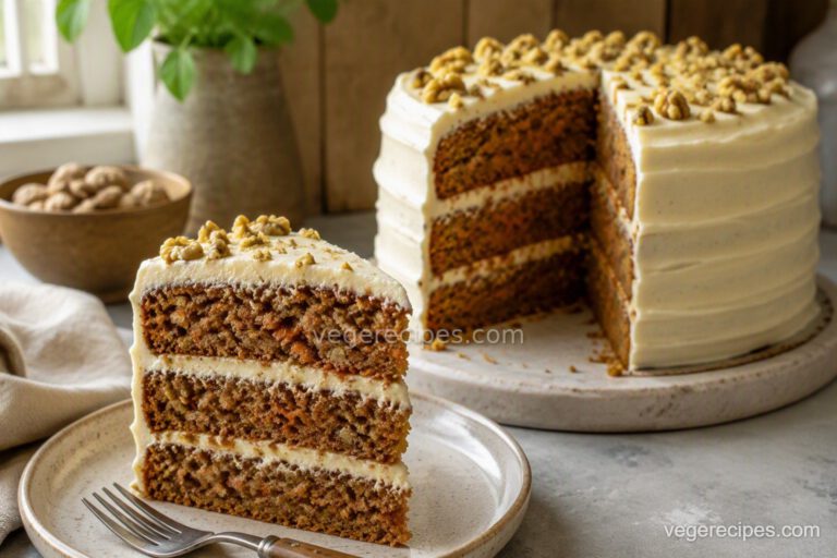 A sliced three-layer vegan carrot cake with cream cheese frosting and walnuts on top, showing the moist cake layers