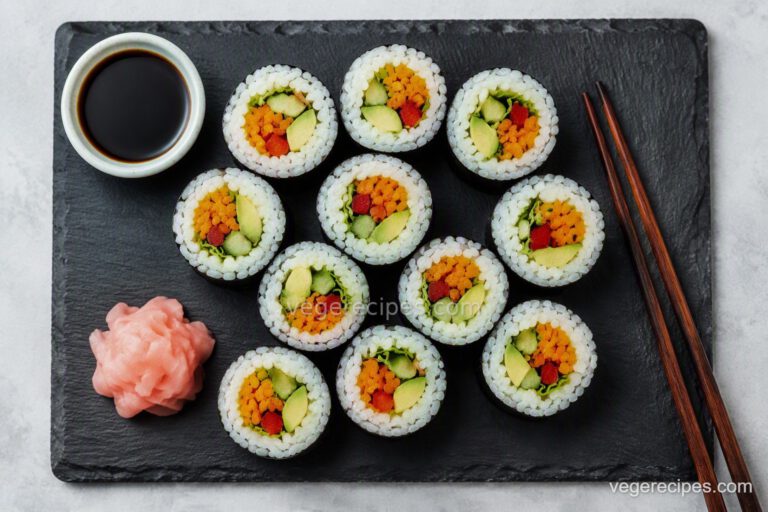 Overhead shot of vegetable sushi rolls with avocado, cucumber, and carrot on a slate board with soy sauce, pickled ginger, and chopsticks