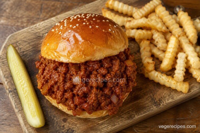 Overhead shot of a vegetarian TVP sloppy joe sandwich on a sesame bun with crinkle-cut fries and a pickle spear on a wood board