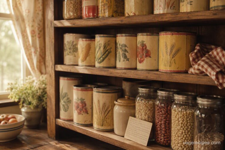 Vintage pantry shelf with old-fashioned illustrated tin cans, a crock and glass jars of beans, oats and grains in warm window light