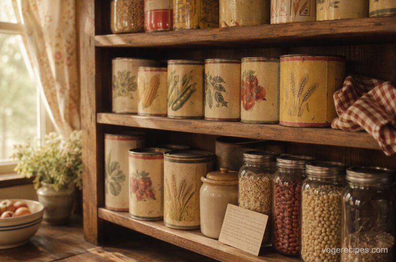 Vintage pantry shelf with old-fashioned illustrated tin cans, a crock and glass jars of beans, oats and grains in warm window light