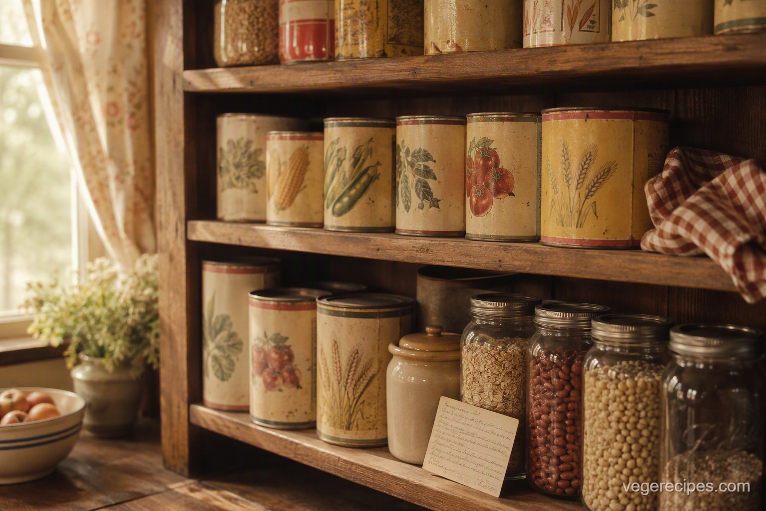 Vintage pantry shelf with old-fashioned illustrated tin cans, a crock and glass jars of beans, oats and grains in warm window light