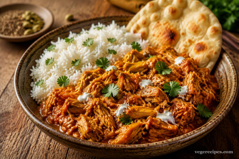 Indian-spiced pulled jackfruit curry with basmati rice, naan, and fresh cilantro